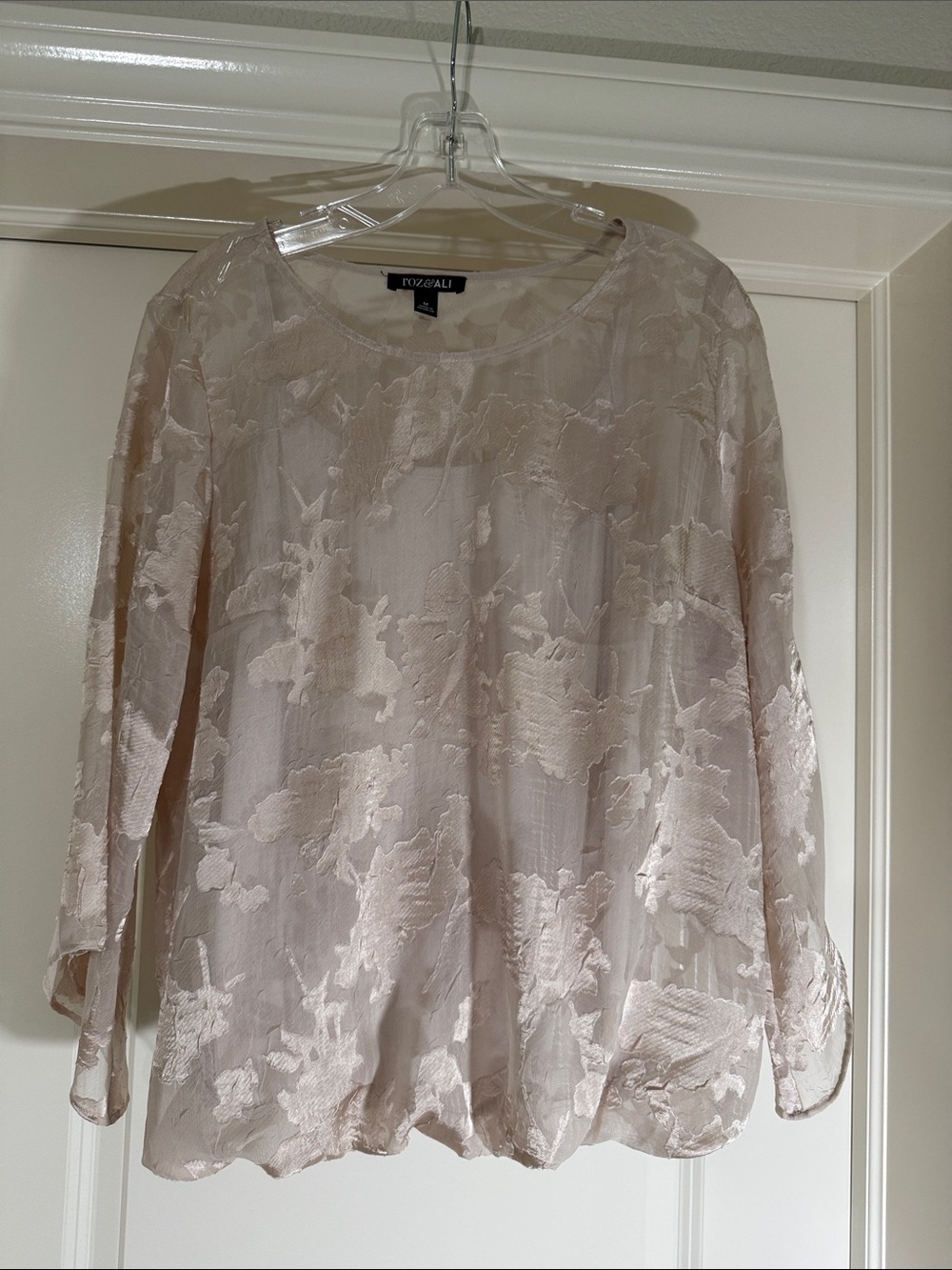 Roz & Ali Sheer Blush Floral Jacquard Long-Sleeve Blouse